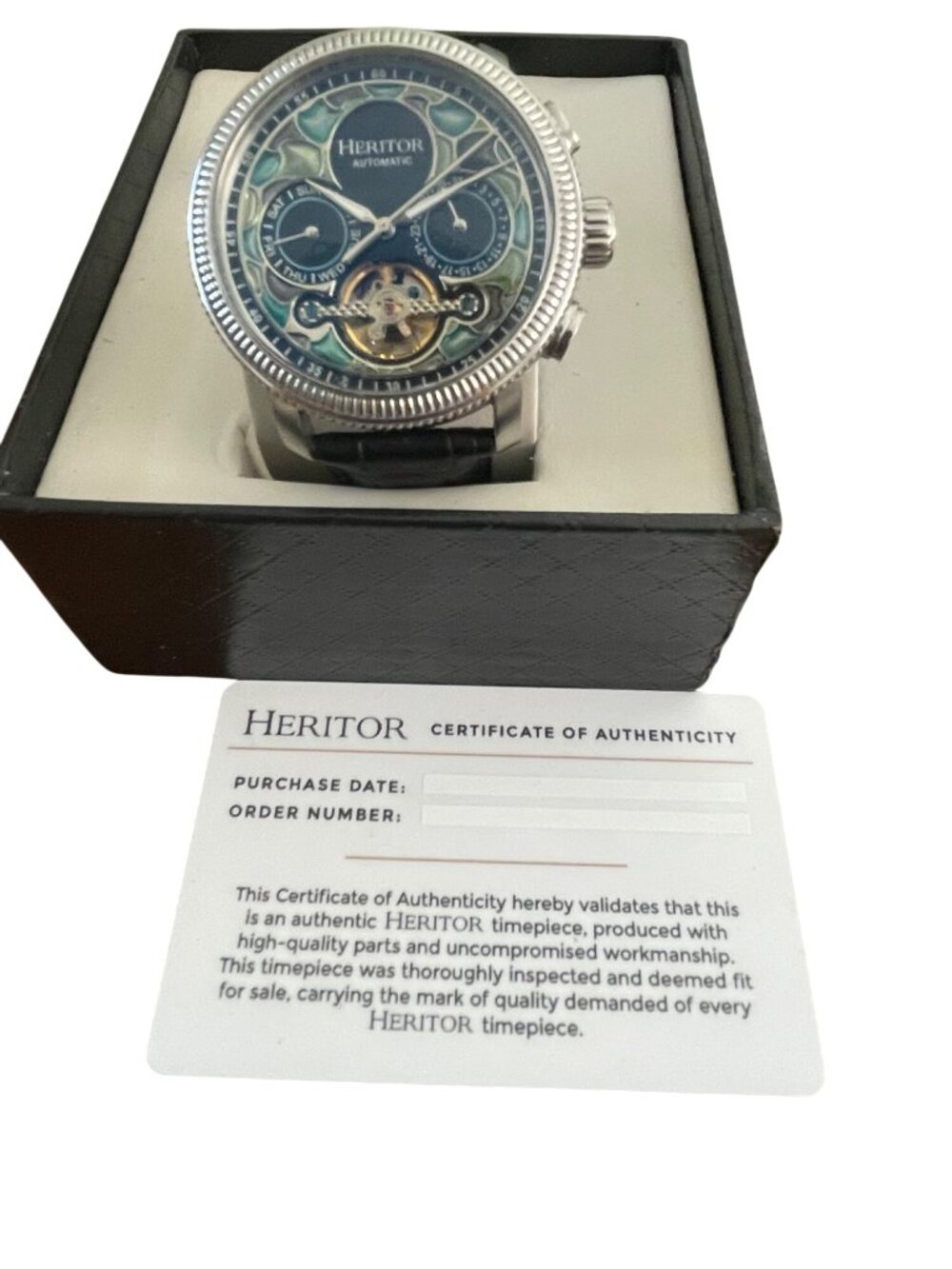 Heritor Automatic Mens Watch With Box & Certificate Silver-Tone Case Leather Str